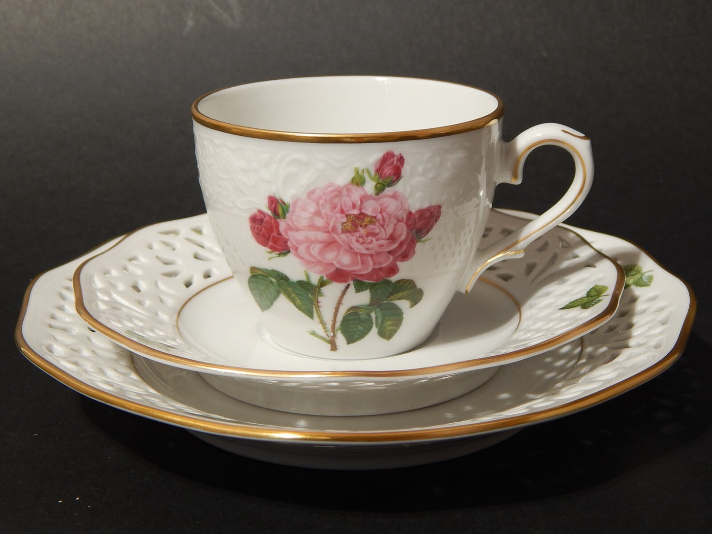 TRIO TAZZA PORCELLANA SCHUMANN BAVARIA PIERRE JOSEPH REDOUTE' ROSA GALLICA