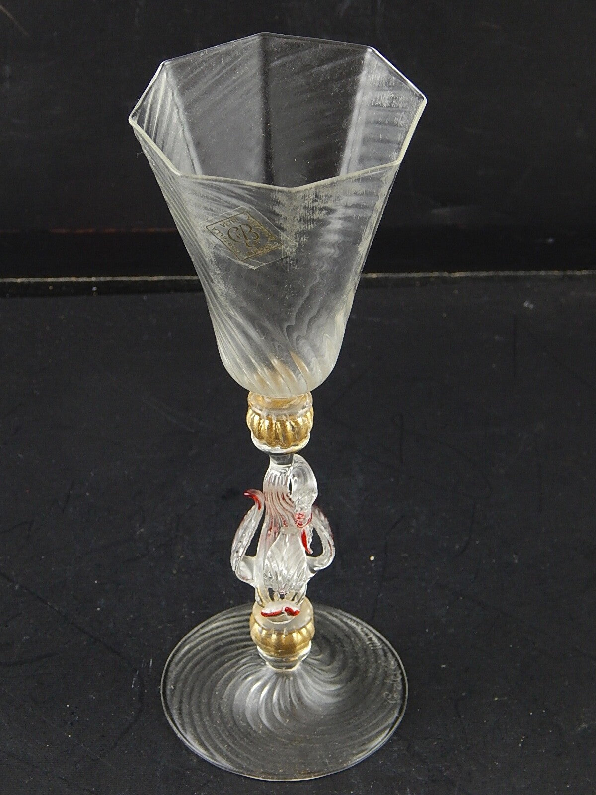 TIPETTO CALICE MURANO VETRO SOFFIATO RIGATO PESCE FIRMATO CORTELLA & BALLARIN #