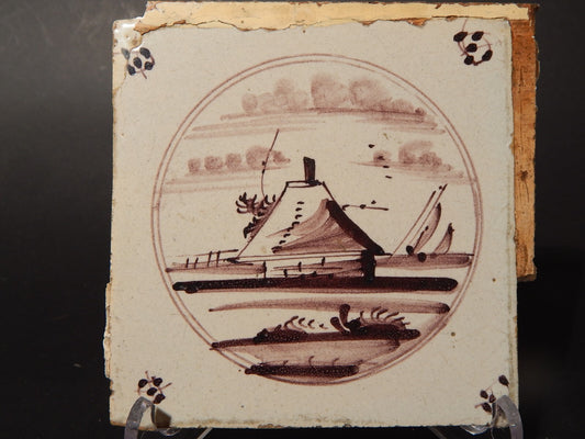 ANTICA PIASTRELLA MATTONELLA CERAMICA DELFT DEL 1700 DECORO AL MANGANESE (474)