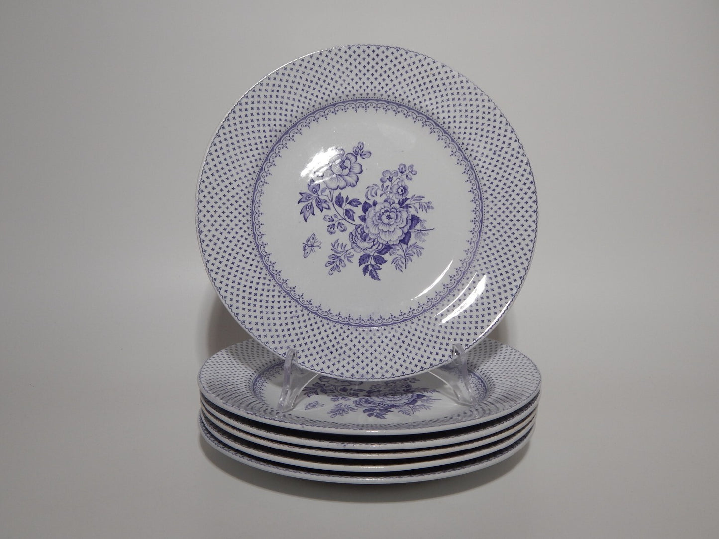 ANTICO SET 6 PIATTI CERAMICA STAFFORDSHIRE PRIMAVESI 1860 ERMINE BORDER VIOLA