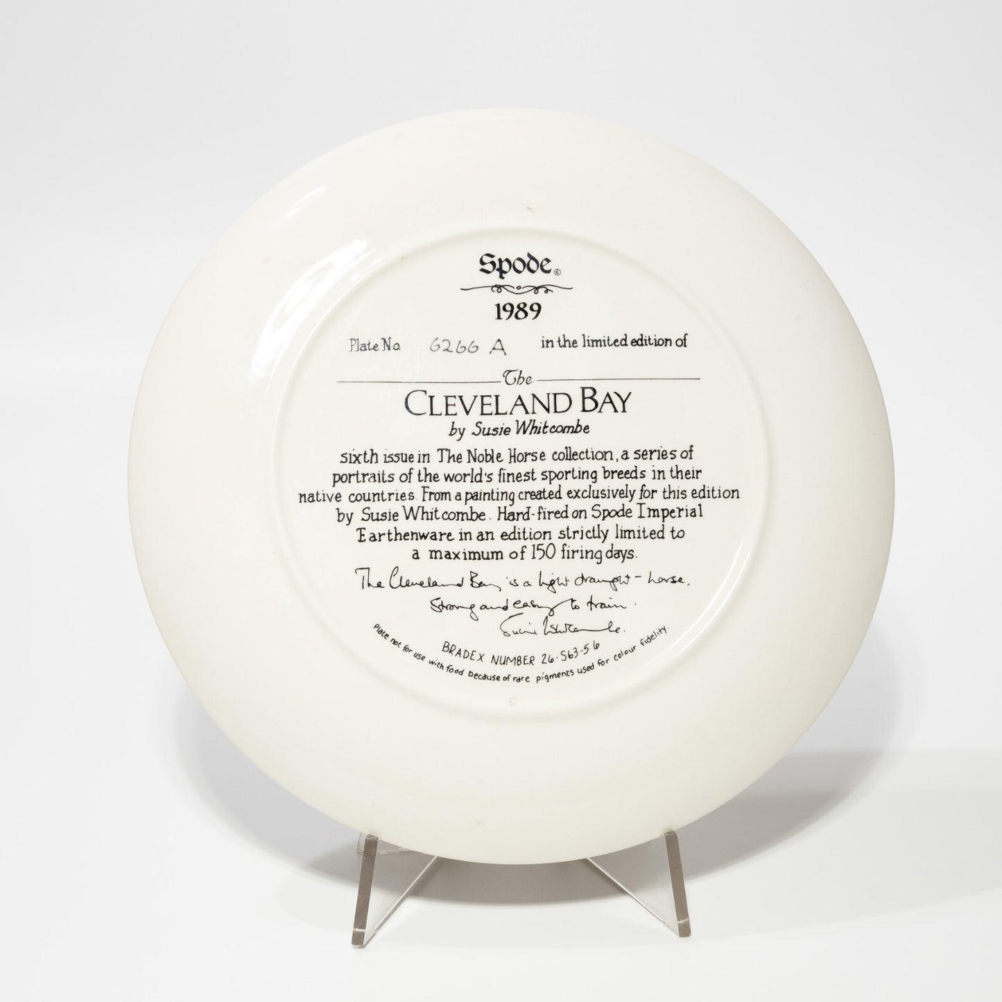 VINTAGE PIATTO PORCELLANA SPODE THE CLEVELAND BAY 1989 BY SUSIE WHITCOMBE