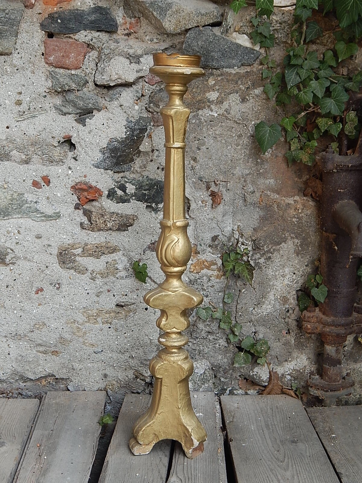 ANTICO ARTE SACRA CANDELABRO CANDELIERE TORCIERA LEGNO SCOLPITO DORATO XIX SEC