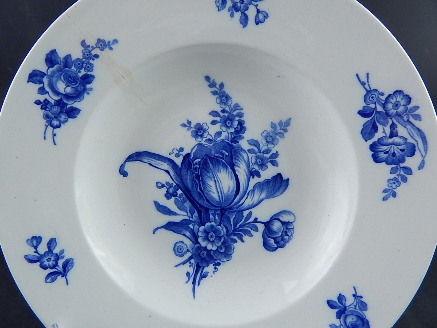 ANTICO ART DECO PIATTO FONDO VILLEROY&BOCH PORCELLANA BIANCA FIORI BLU #