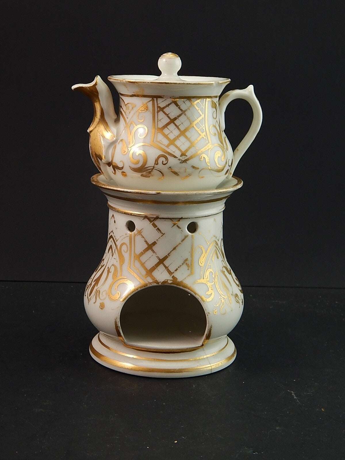 RARA ANTICA VEILLEUSE TEIERA E SCALDINO IMPERO NAPOLEONE III PORCELLANA PARIGI