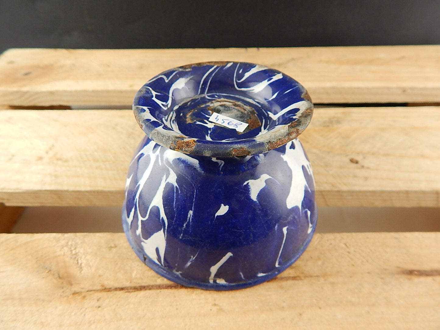 ANTICA SCODELLA CIOTOLA LATTA METALLO SMALTATA CAMOUFLAGE BLU COUNTRY CHIC