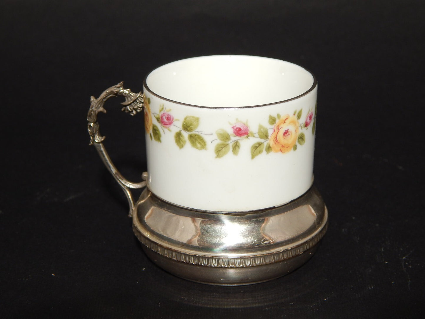 PREZIOSA TAZZINA PORCELLANA KRONESTER BAVARIA DIPINTA CON REGGITAZZA ARGENTO 800