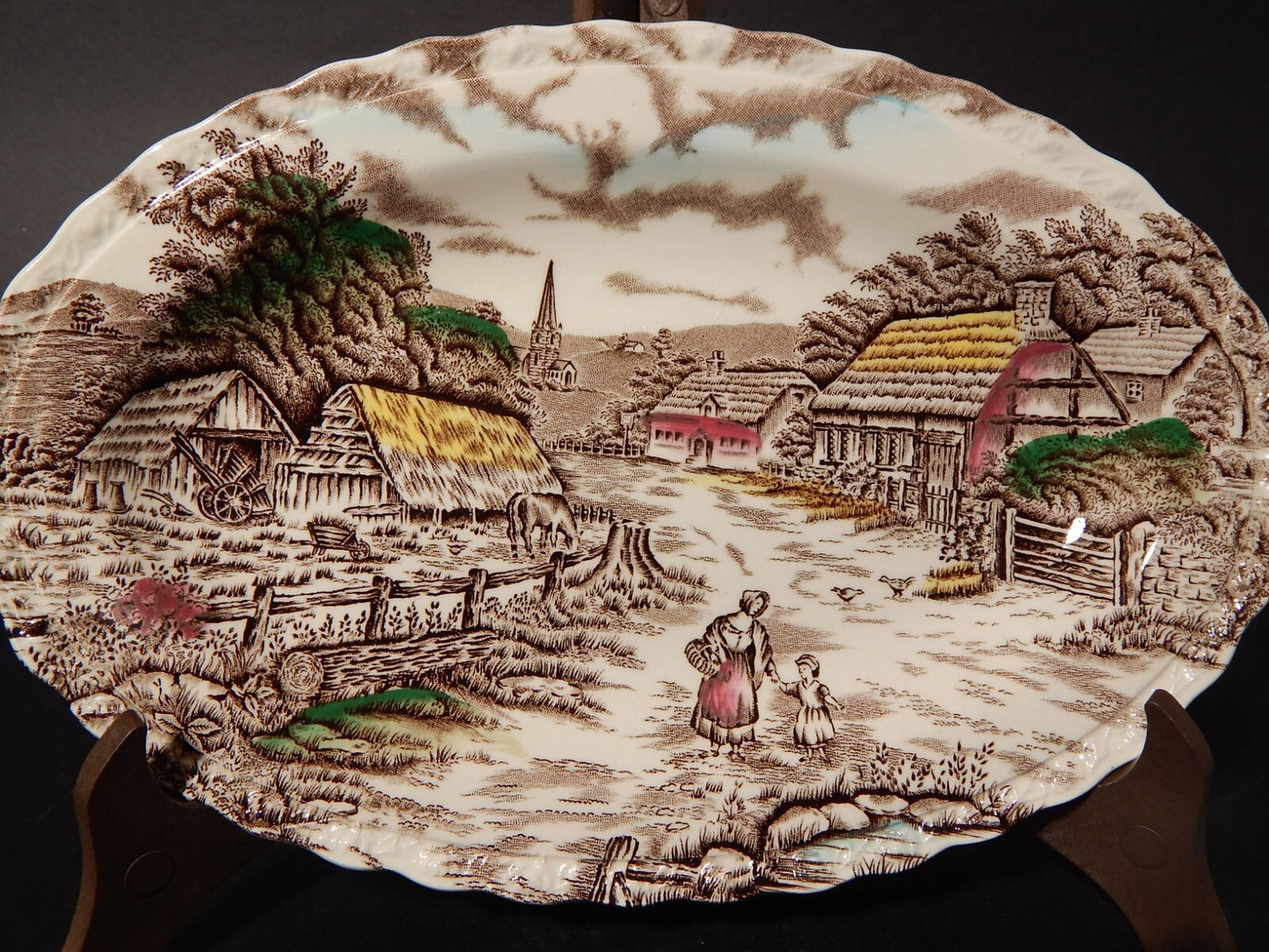 ANTICO VASSOIO RAVIERA CERAMICA INGLESE MYOTT DISEGNO RURAL SCENE STAMPA A MANO