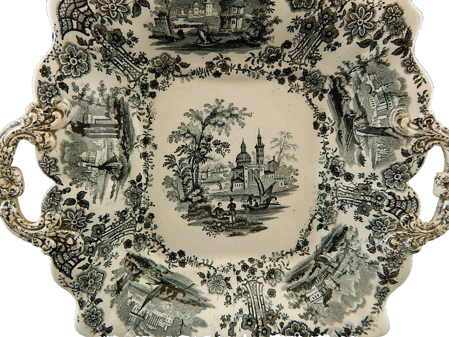 WILLIAM RIDGWAY MAR DI MARMARA 1830 ANTICO PREZIOSO VASSOIO CERAMICA CON MANICI