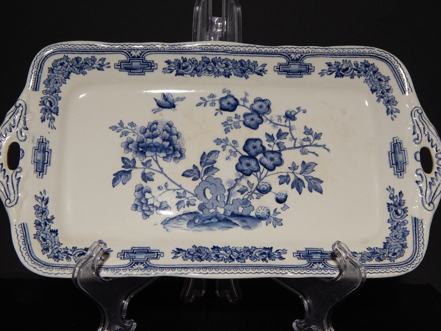 ANTICO VASSOIO SANDWICH APERITIVO CERAMICA INGLESE MASON’S MANCHU BIANCO BLU