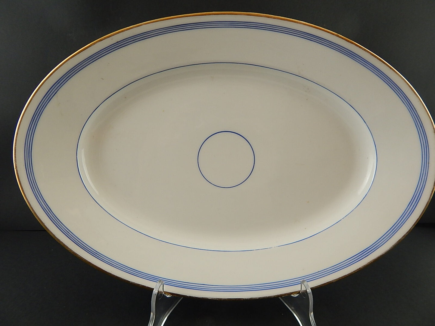 ANTICO PIATTO VASSOIO OVALE PORCELLANA PARIGI BIANCA BLU ORO NAPOLEONE III #A494
