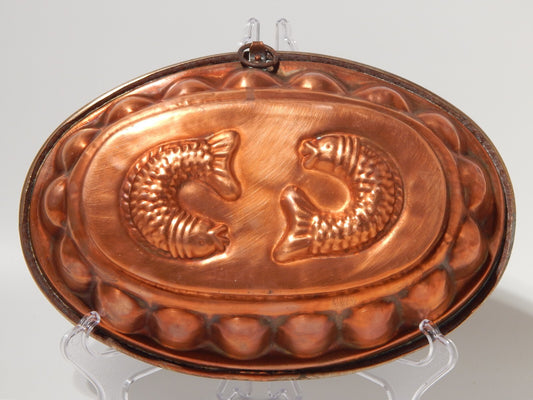 VINTAGE CUCINA FORMELLA STAMPO OVALE RAME PRIMA META' 900 CM 31 PESCI