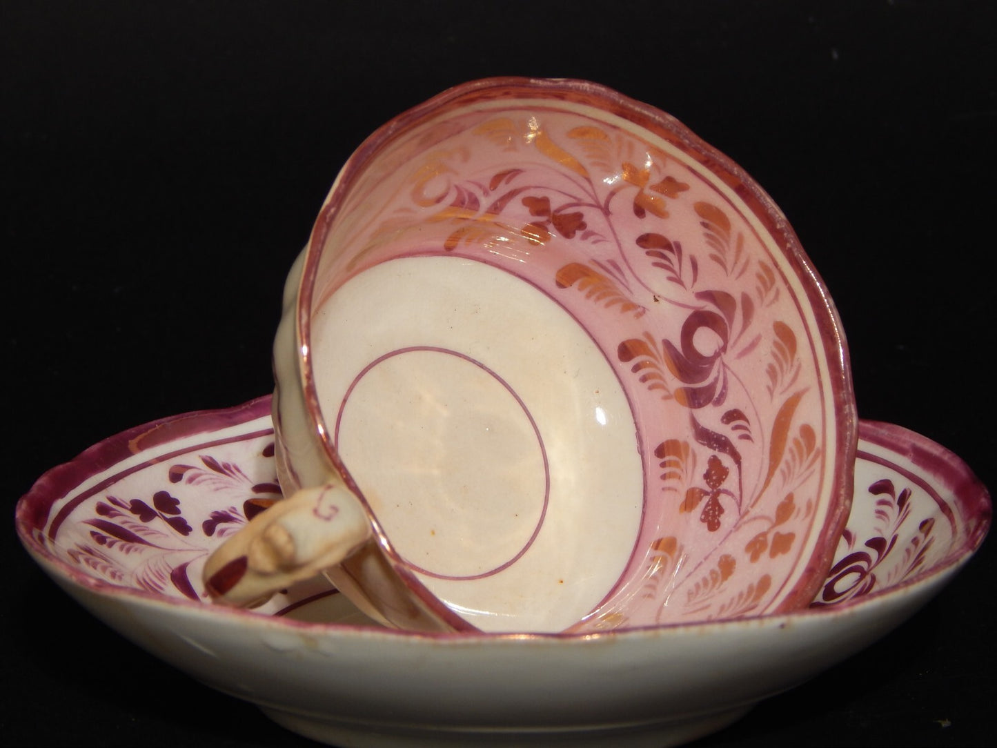ANTICA GEORGIANA TAZZA TE' PORCELLANA LUSTRO ROSA STAFFORDSHIRE PRIMA META' 800