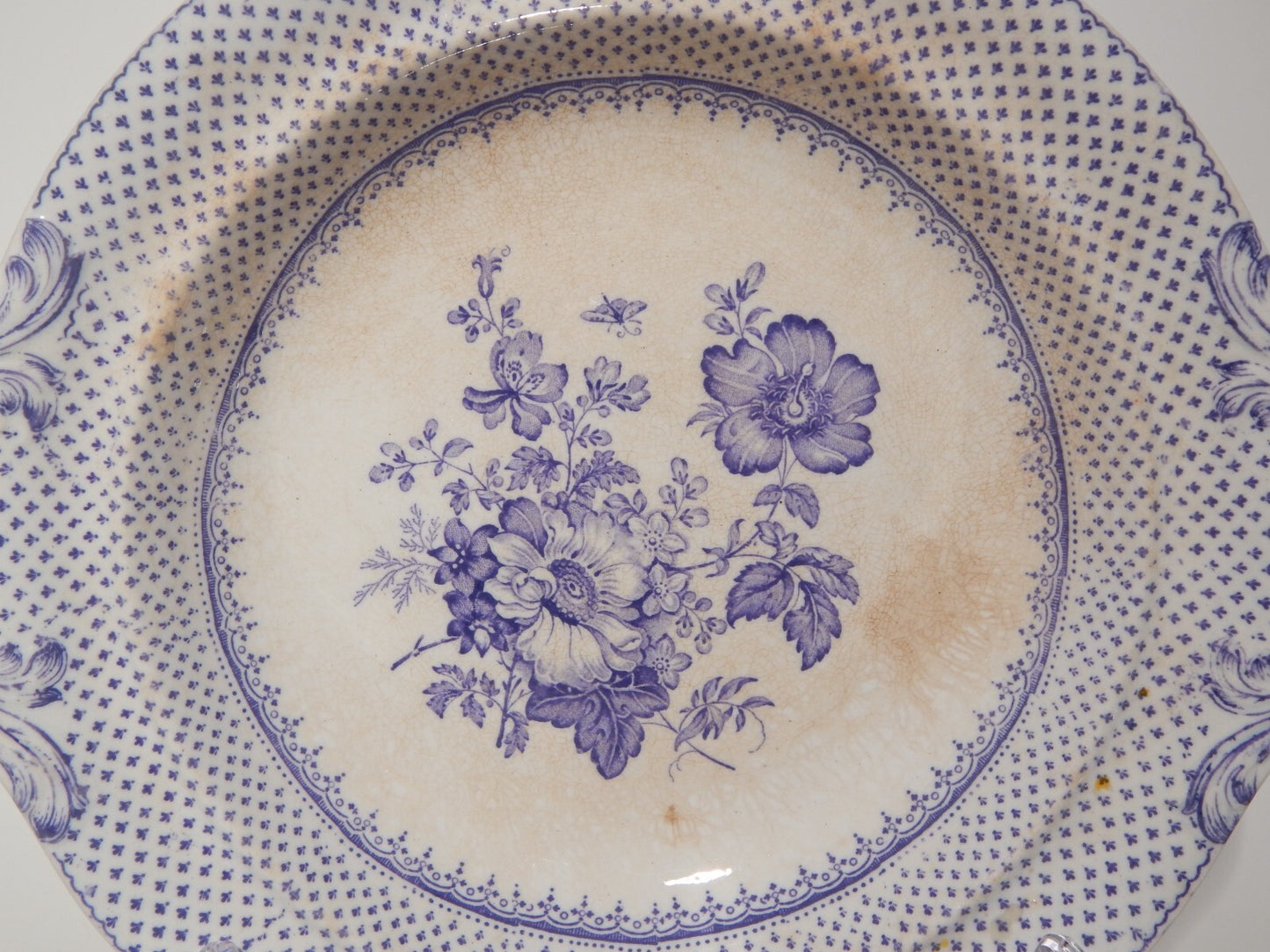 ANTICA LEGUMIERA CENTROTAVOLA CERAMICA INGLESE PRIMAVESI ERMINE BORDER VIOLA ##