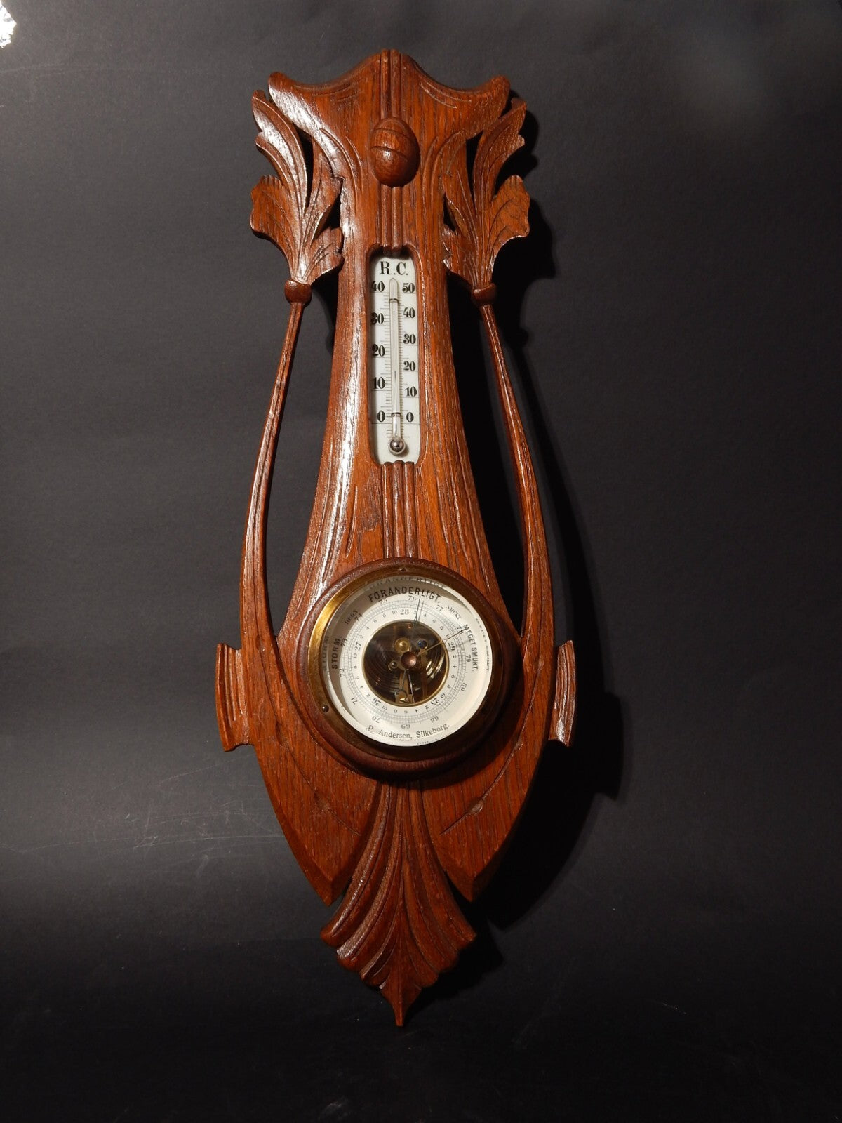 ANTICO EPOCA LIBERTY ART DECO BAROMETRO ANEROIDE E TERMOMETRO SU STRUTTURA LEGNO