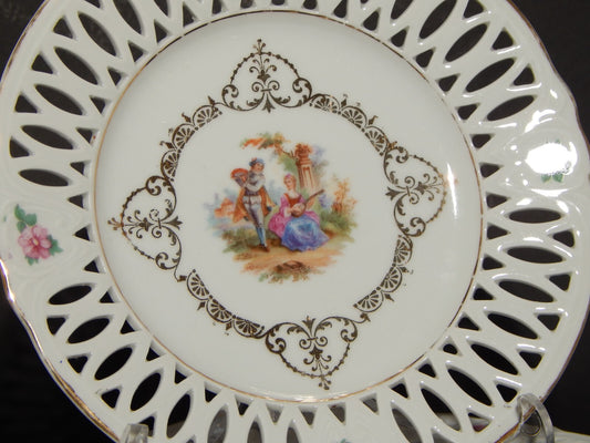 ANTICO RARO ROMANTICO SET 6 PIATTI PORCELLANA TRAFORATI CON SCENE GALANTI
