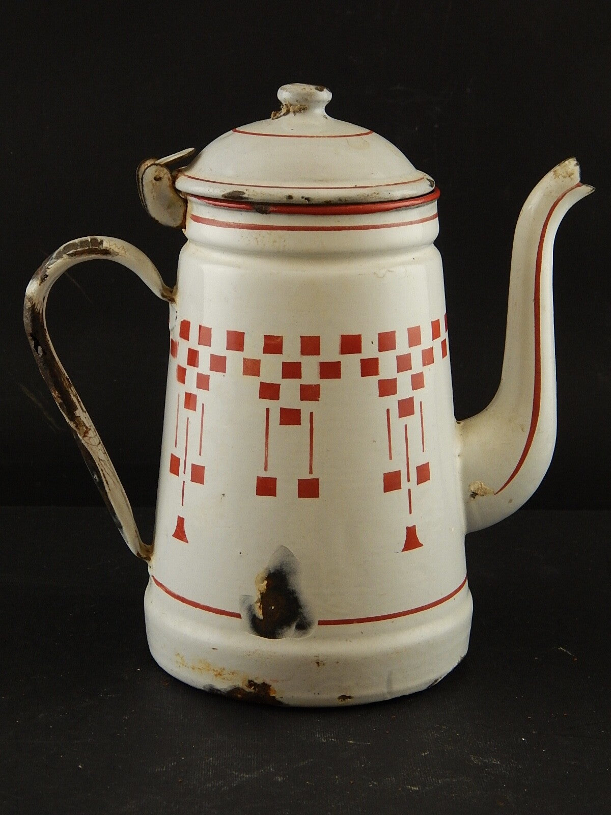 ANTICA FRANCIA CAFFETTIERA LATTA SMALTATA PORCELLANATA ROSSO COUNTRY COLLECTION