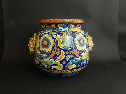 ANTICO VASO CACHE POT FIORIERA CON MASCHERONI CERAMICA CALTAGIRONE PRIMO 900