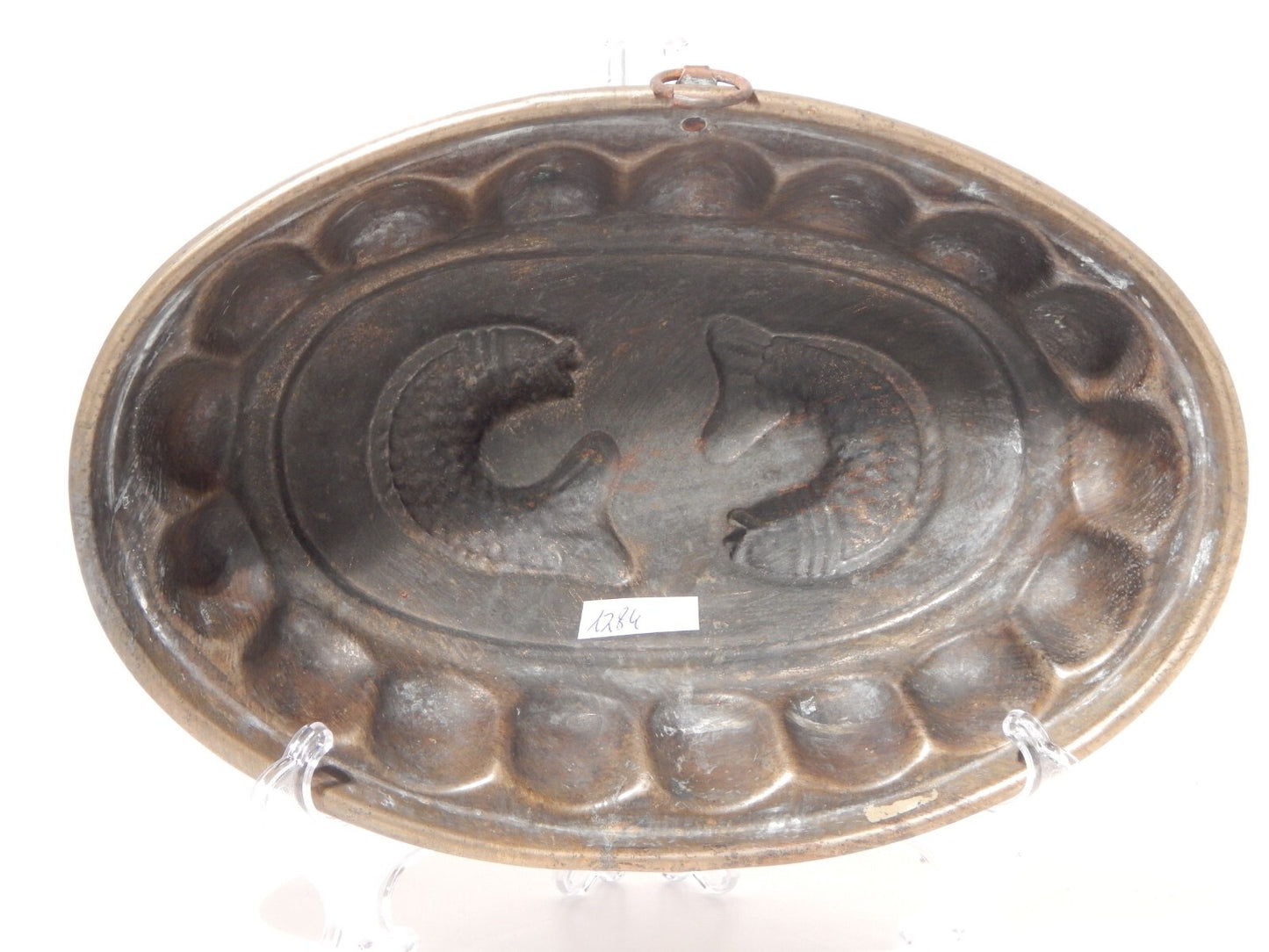 VINTAGE CUCINA FORMELLA STAMPO OVALE RAME PRIMA META' 900 CM 31 PESCI