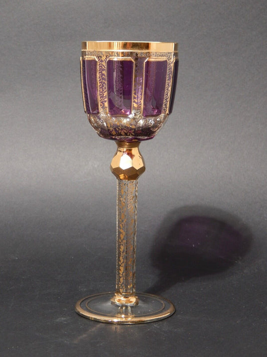 PREZIOSO ANTICO BICCHIERE CALICE CRISTALLO MOSER MOLATO DORATO COLOR AMETISTA