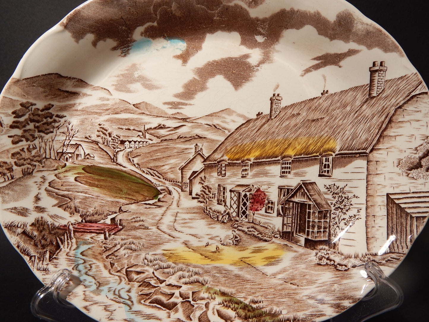 VINTAGE RARO VASSOIO OVALE FONDO CERAMICA W. H. GRINDLEY STAMPA MANO QUIET DAY #