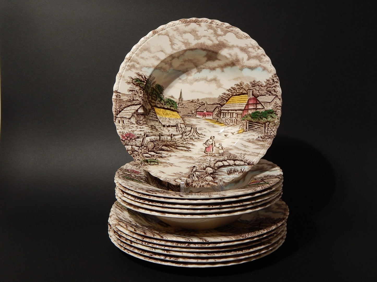 ANTICO SERVIZIO PIATTI CERAMICA INGLESE MYOTT DISEGNO RURAL SCENE STAMPA A MANO