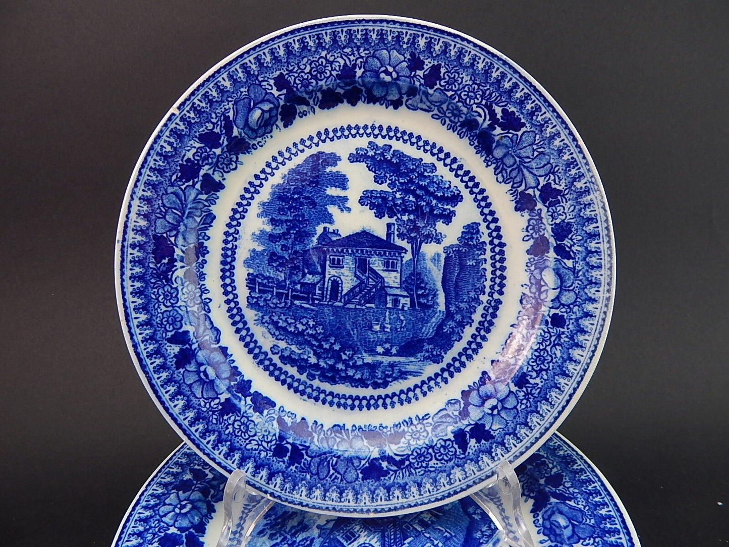 ANTICO RARO SERVIZIO 6 PIATTI DESSERT CERAMICA META' 800 GUSTAVSBERG BIANCO BLU