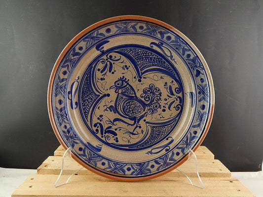 GRANDE PIATTO CENTROTAVOLA CERAMICA SMALTATO GALLO BLU CASTELLAMONTE PERINO