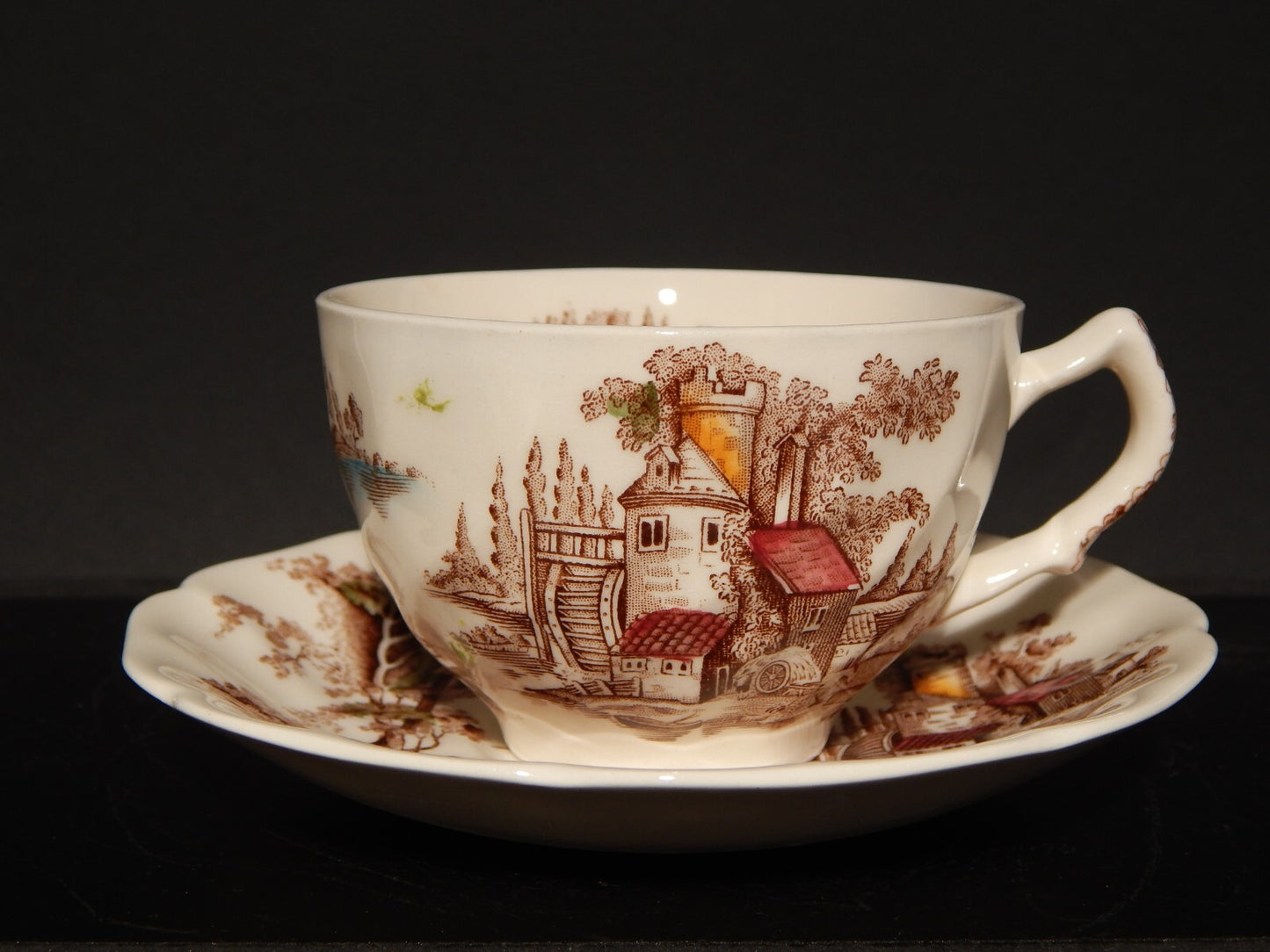 VINTAGE SET 6 TAZZE DA TE' SEMI PORCELLANA JOHNSON BROS THE OLD MILL STAMPA MANO