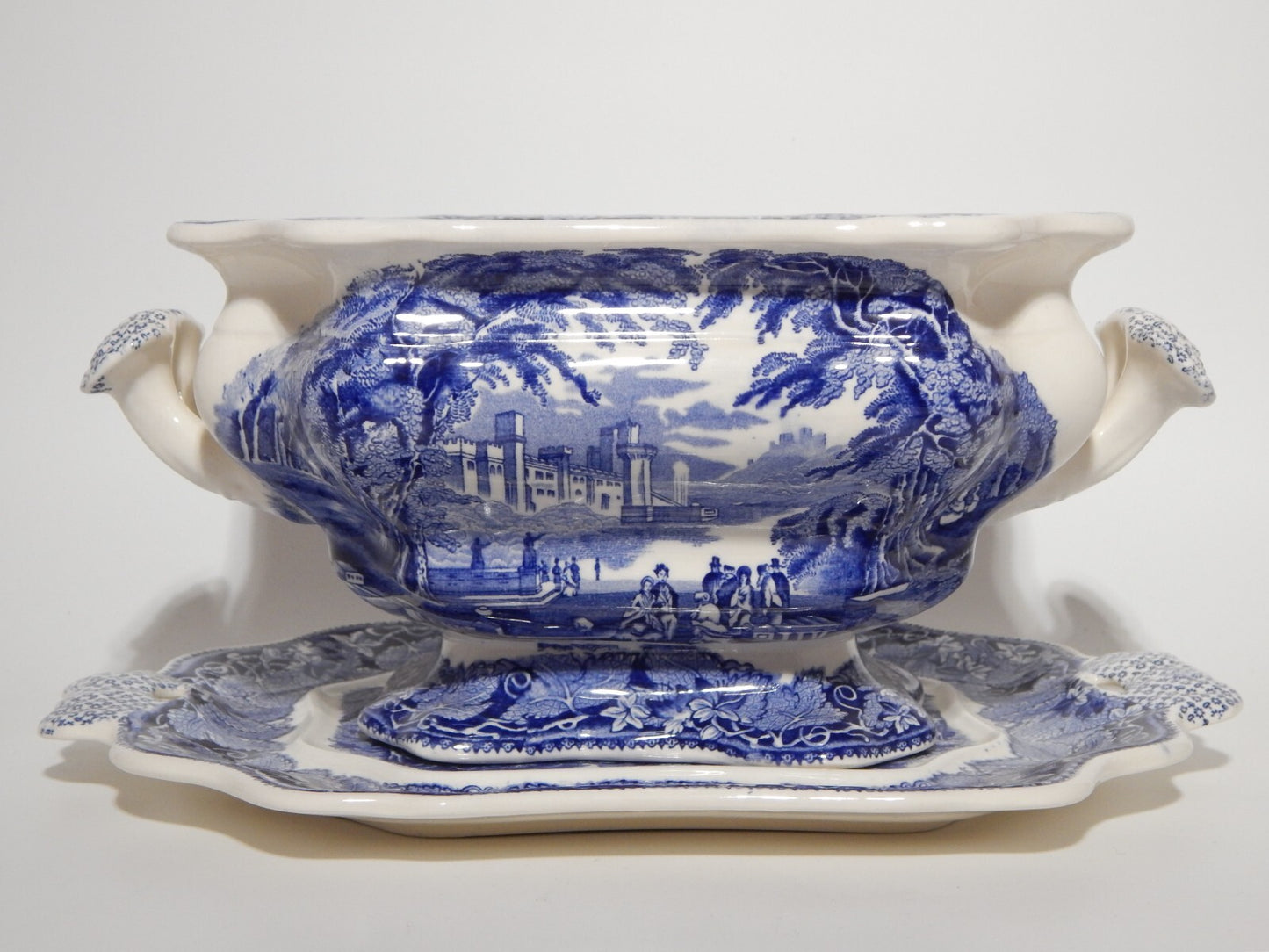 ANTICO CENTROTAVOLA FRUTTIERA CERAMICA INGLESE MASON’S DECORO VISTA BIANCO BLU