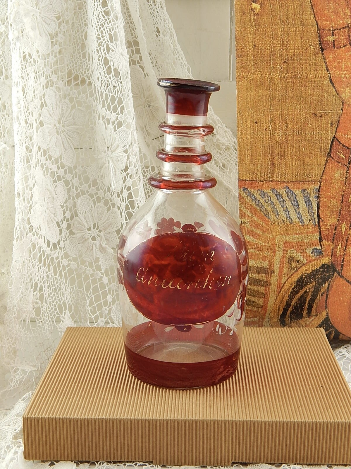 ANTICA RARA BOTTIGLIA VETRO SOFFIATO BOEMIA BIEDERMEIER DIPINTA IN ROSSO RUBINO