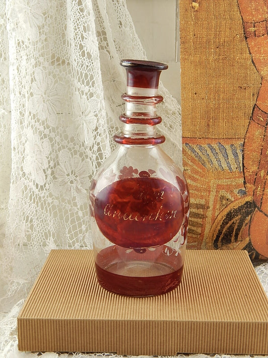 ANTICA RARA BOTTIGLIA VETRO SOFFIATO BOEMIA BIEDERMEIER DIPINTA IN ROSSO RUBINO