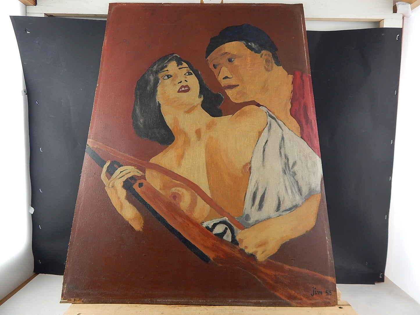 VINTAGE ORIGINALE DIPINTO SU LEGNO FIGURE CON FUCILE FIRMATO JIM 59