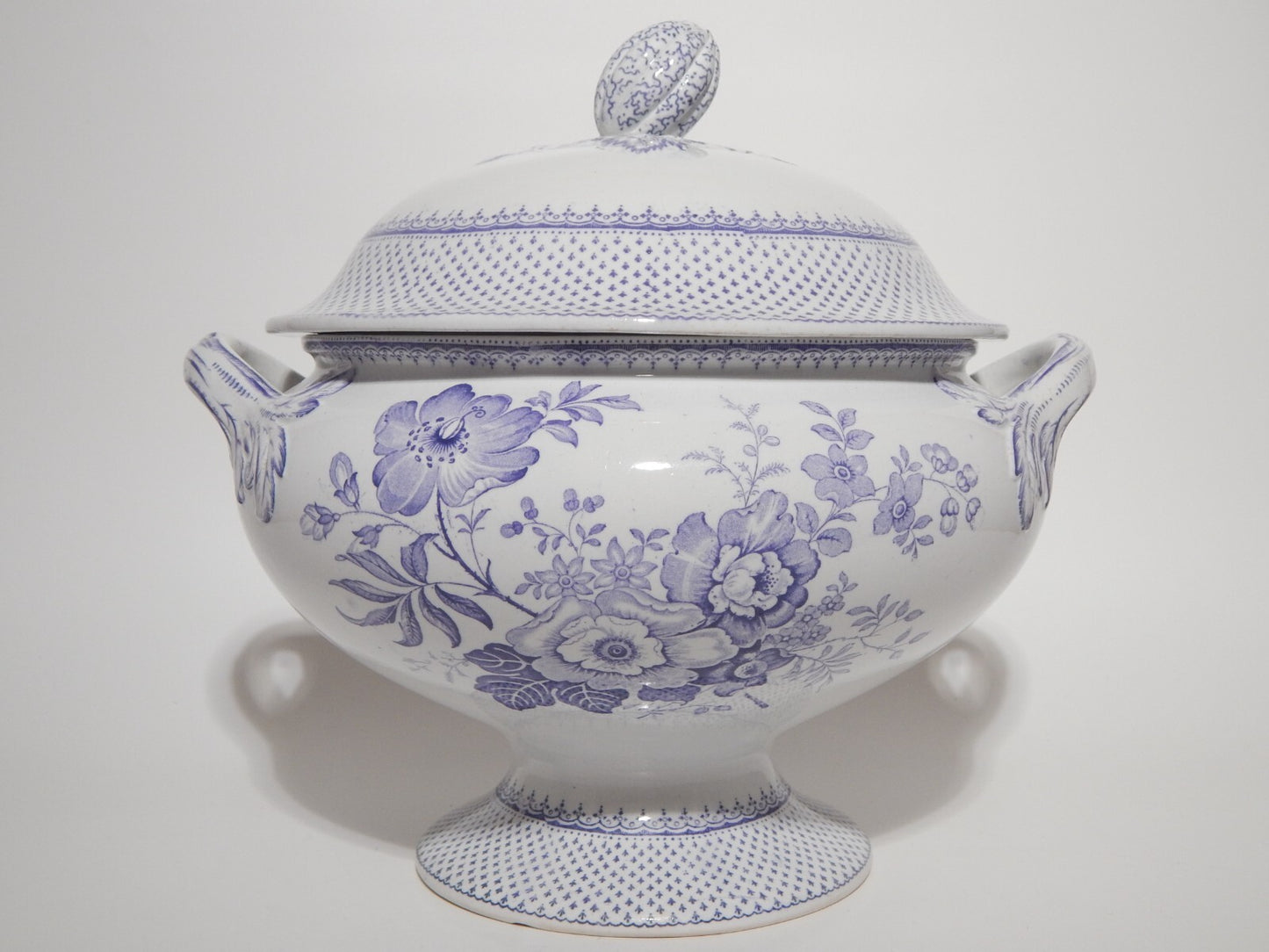 ANTICA ZUPPIERA CENTROTAVOLA CERAMICA INGLESE PRIMAVESI 1860 ERMINE BORDER VIOLA