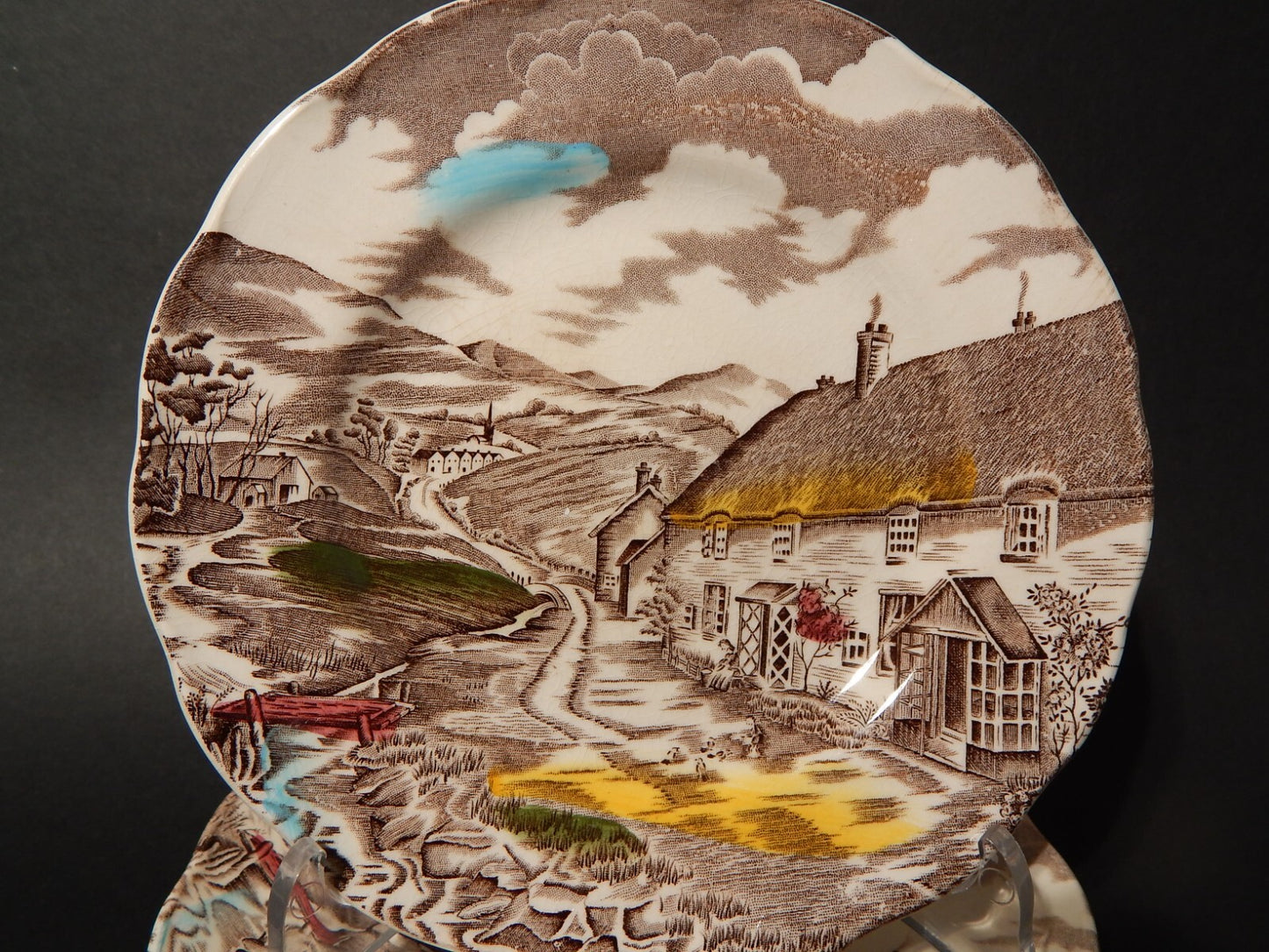 VINTAGE SERVIZIO 6 PIATTI DOLCE CERAMICA W. H. GRINDLEY STAMPA MANO QUIET DAY