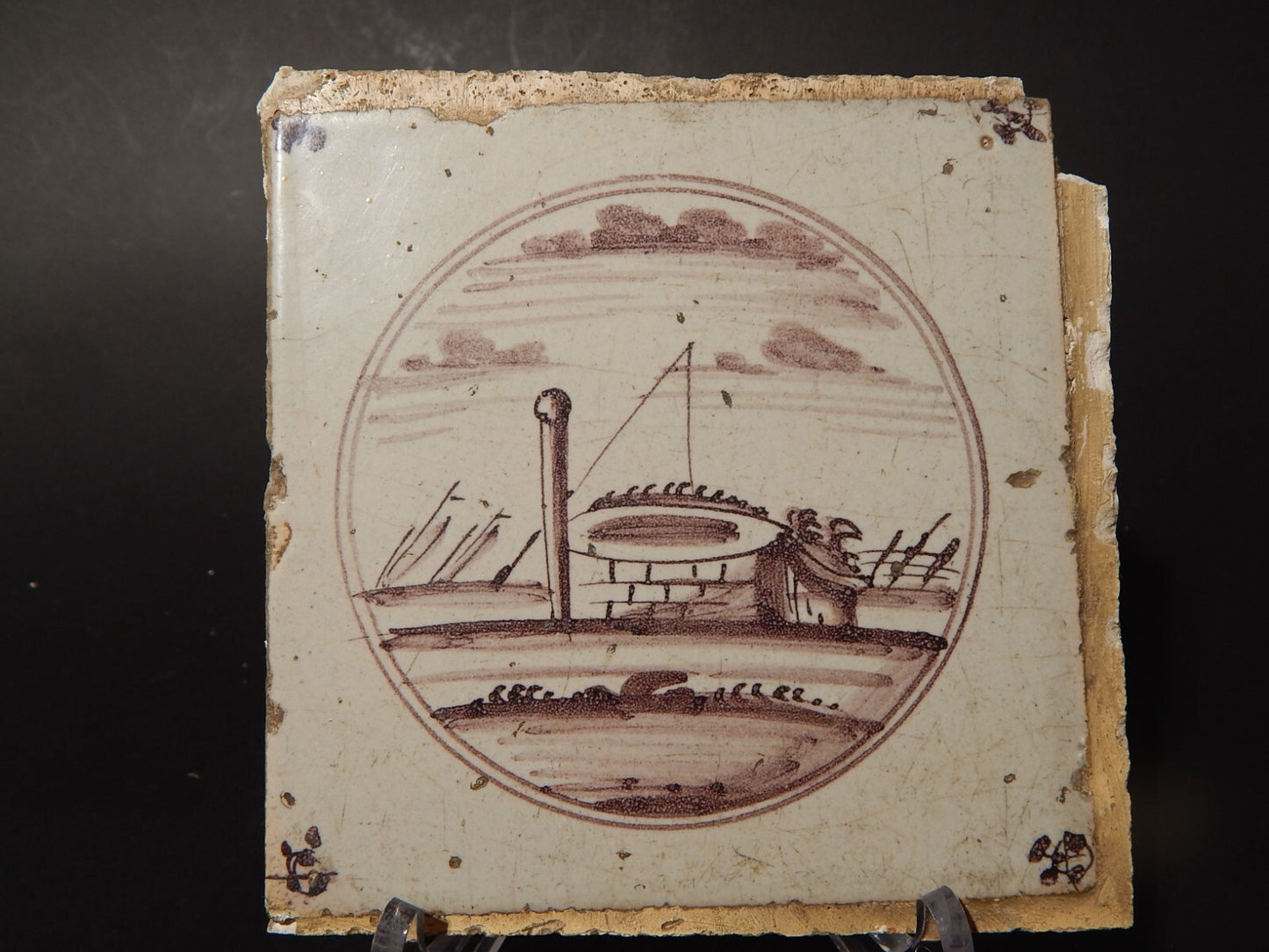 ANTICA PIASTRELLA MATTONELLA CERAMICA DELFT DEL 1700 DECORO AL MANGANESE (479)