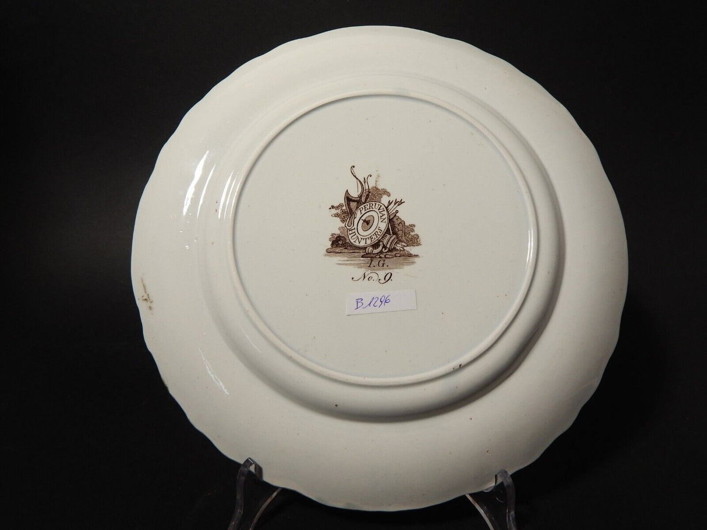 ANTICO RARO PIATTO CERAMICA INGLESE DEL 1839 PERUVIAN HUNTERS DI Goodwin & Ellis