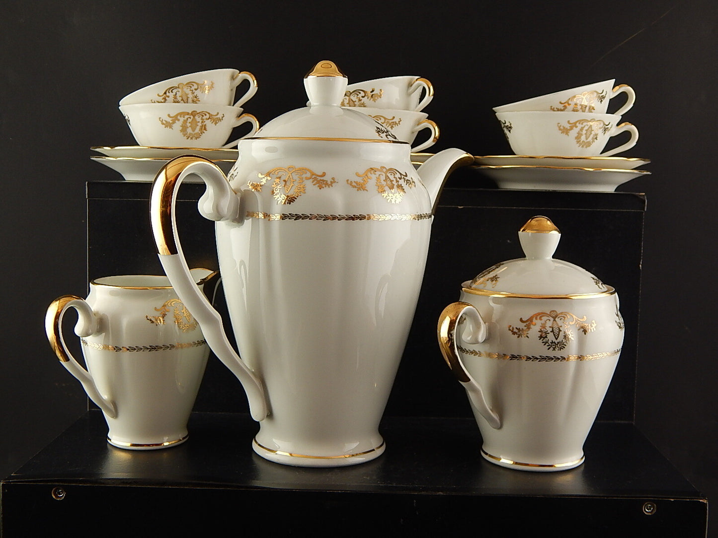ANTICO SERVIZIO CAFFÈ PORCELLANA BIANCA ORO PORCELAINE COMPAGNIE LUXE NATIONALE