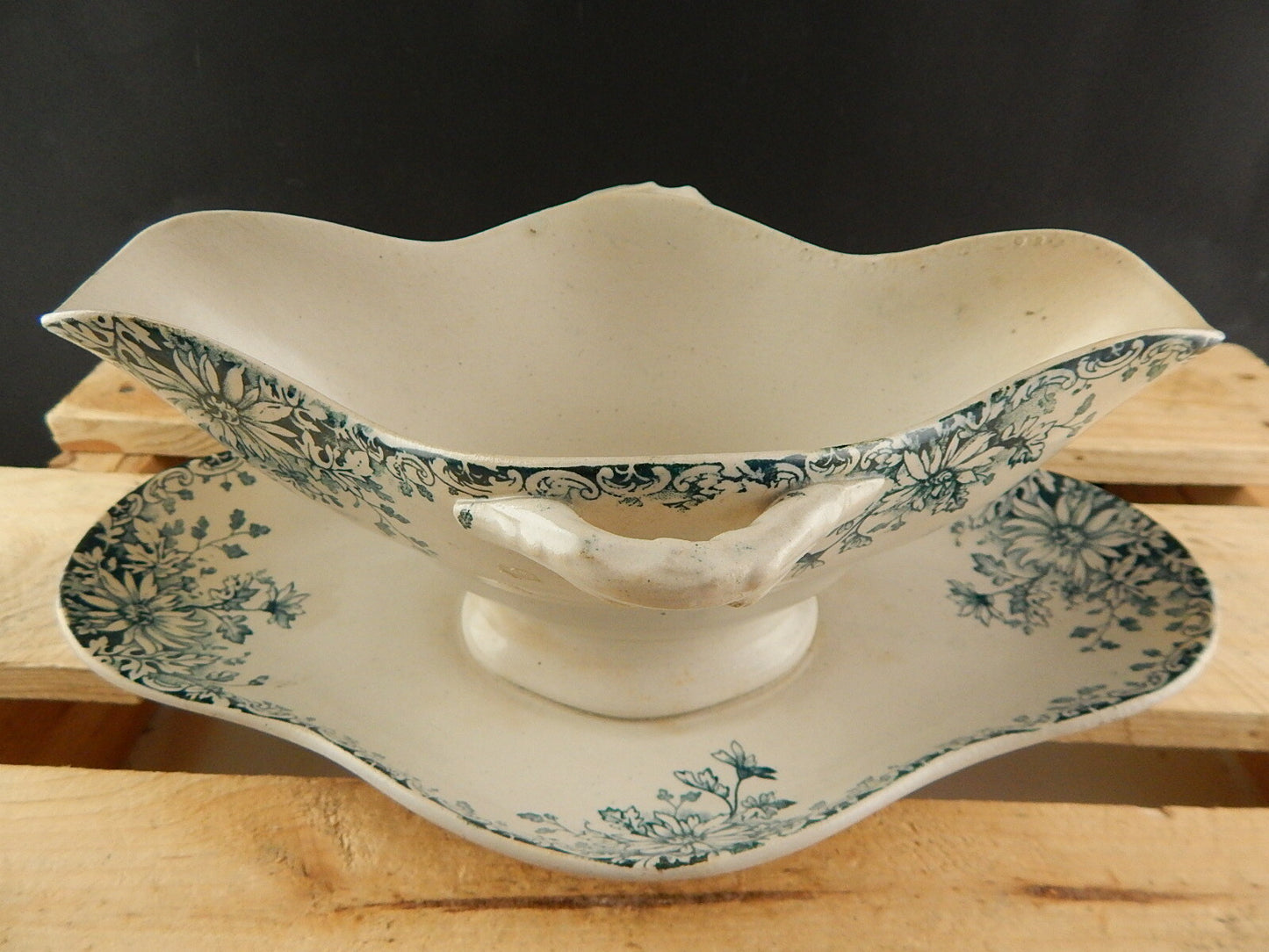 ANTICA 1886 ART NOUVEAU SALSIERA PORCELLANA OPACA GIEN FIORI AUTUNNO