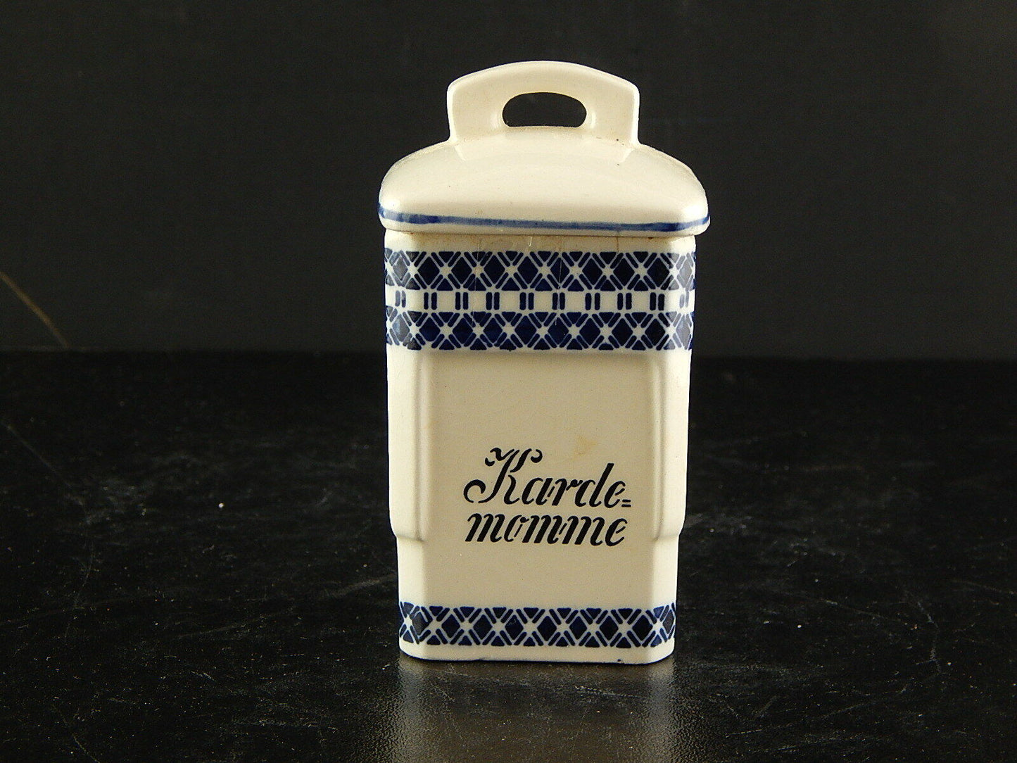 ANTICO BARATTOLO SPEZIE CERAMICA CARDAMOMO CUCINA ART DECO PRIMO 900 BIANCO BLU
