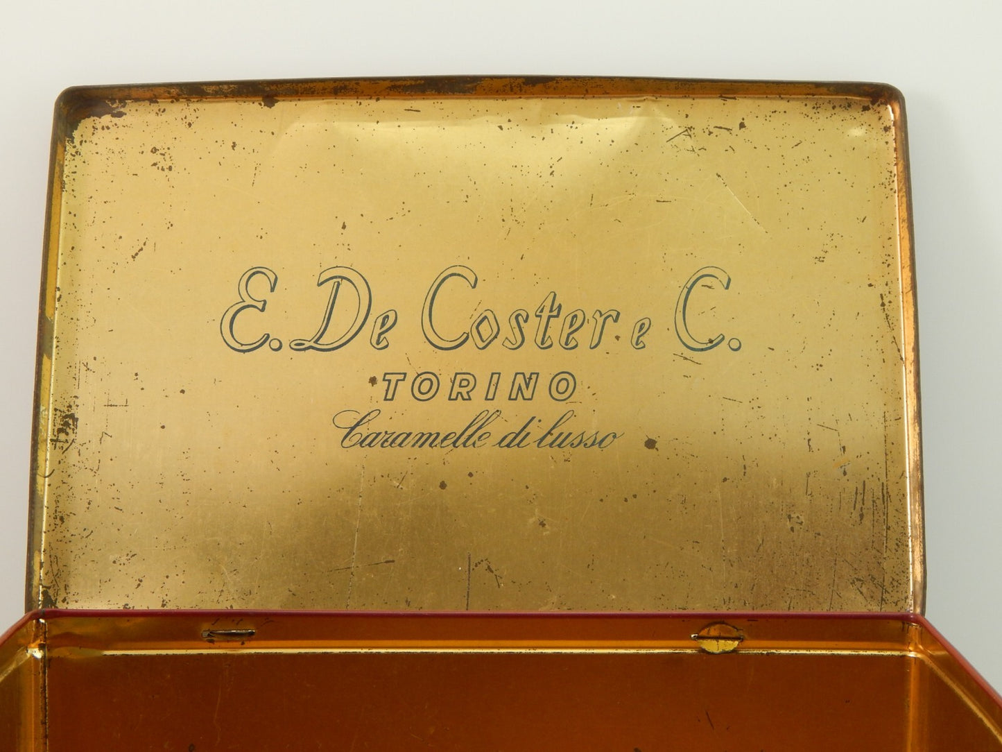 ANTICA RARA SCATOLA LATTA CARAMELLE E. DE COSTER & C. TORINO I MOSCHETTIERI