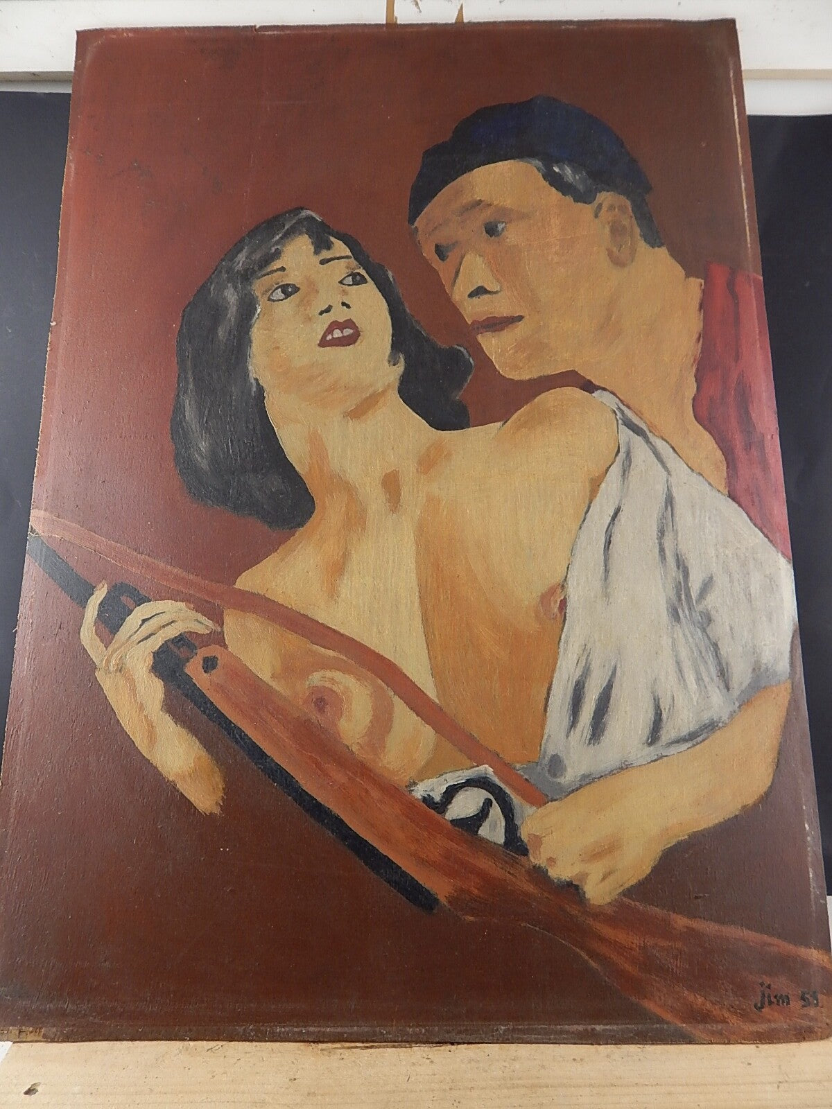 VINTAGE ORIGINALE DIPINTO SU LEGNO FIGURE CON FUCILE FIRMATO JIM 59