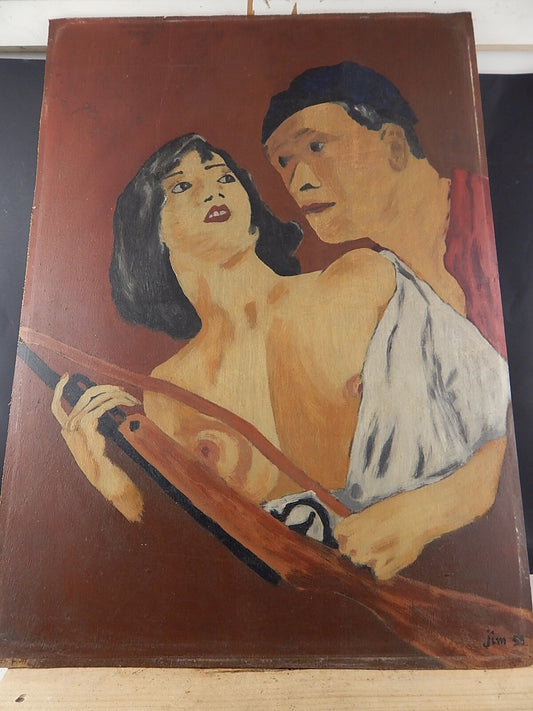 VINTAGE ORIGINALE DIPINTO SU LEGNO FIGURE CON FUCILE FIRMATO JIM 59