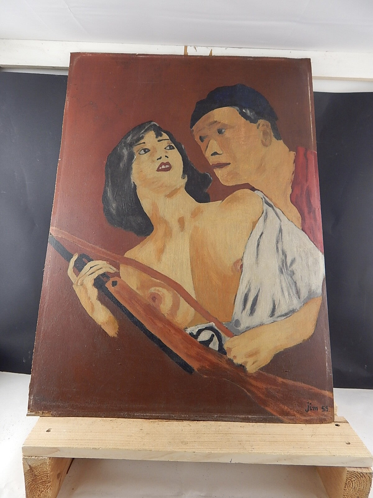 VINTAGE ORIGINALE DIPINTO SU LEGNO FIGURE CON FUCILE FIRMATO JIM 59