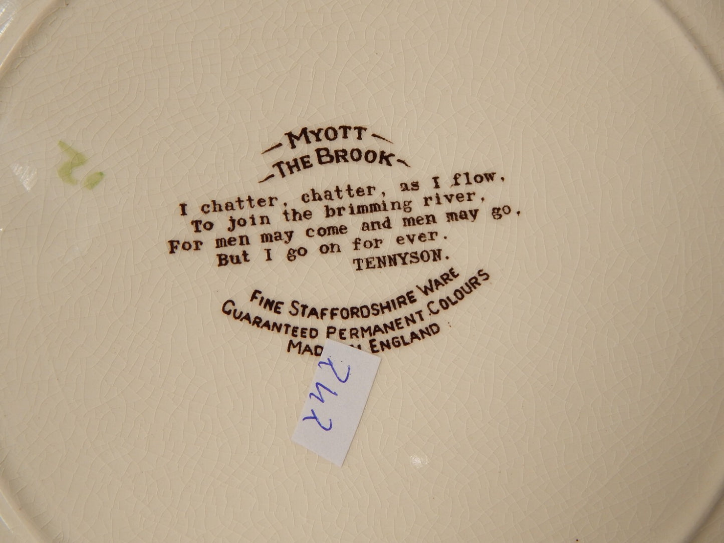 PIATTO PORCELLANA VINTAGE THE BROOK MYOTT STAFFORDSHIRE ENGLAND TENNYSON #