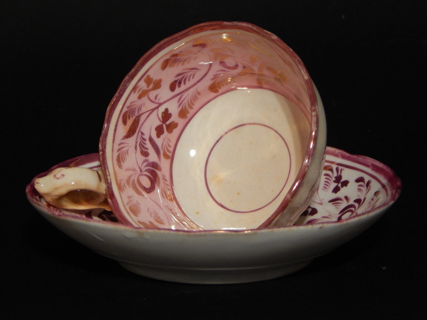 ANTICA GEORGIANA TAZZA TE' PORCELLANA LUSTRO ROSA STAFFORDSHIRE PRIMA META' 800