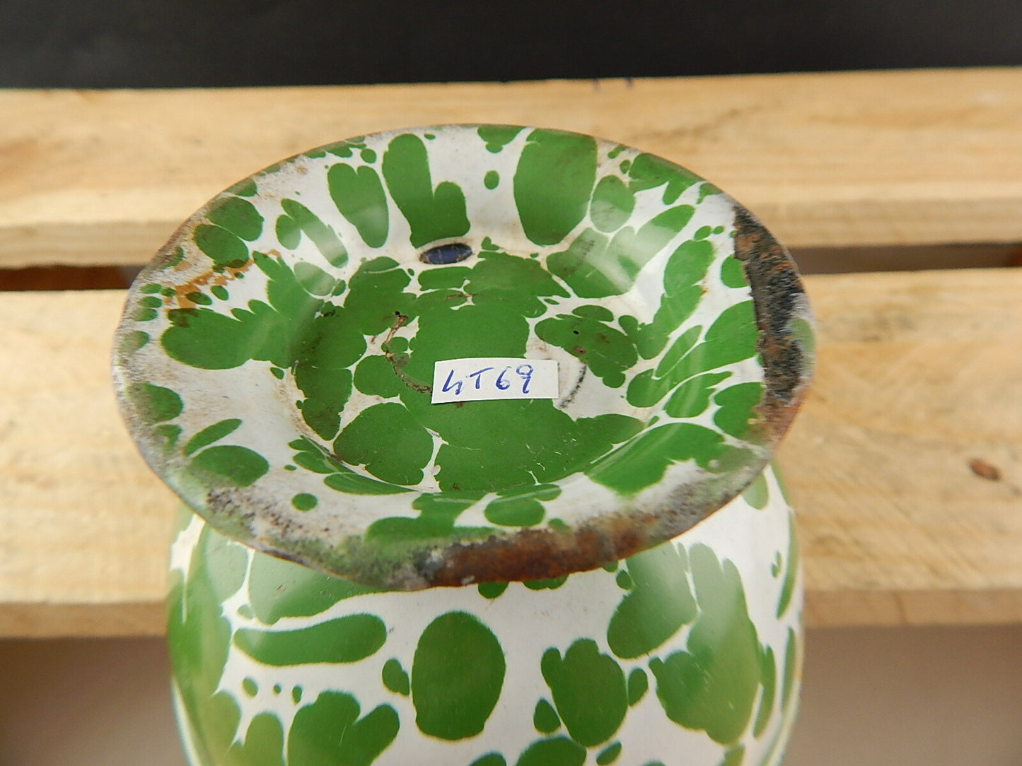 ANTICA SCODELLA CIOTOLA LATTA METALLO SMALTATA CAMOUFLAGE VERDE COUNTRY CHIC #