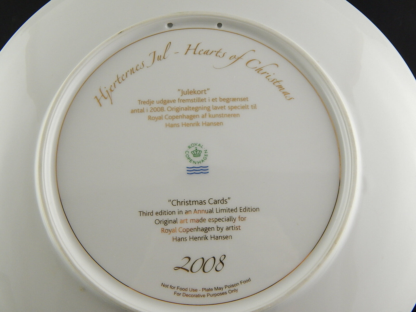 ROYAL COPENHAGEN PORCELLANA PIATTO CUORI NATALE 2008 COLLEZIONE HEARTS OF XMAS