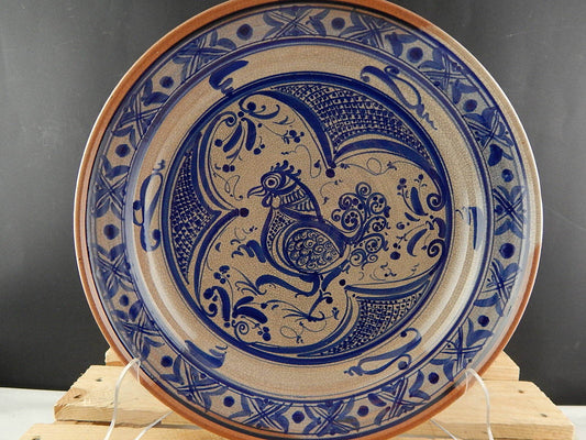 GRANDE PIATTO CENTROTAVOLA CERAMICA SMALTATO GALLO BLU CASTELLAMONTE PERINO