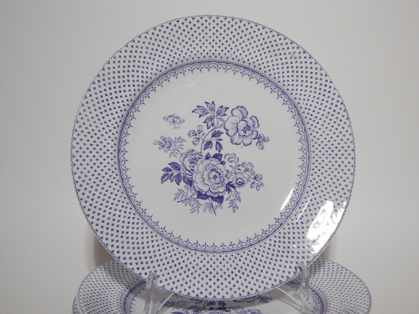 ANTICO SET 6 PIATTI CERAMICA STAFFORDSHIRE PRIMAVESI 1860 ERMINE BORDER VIOLA