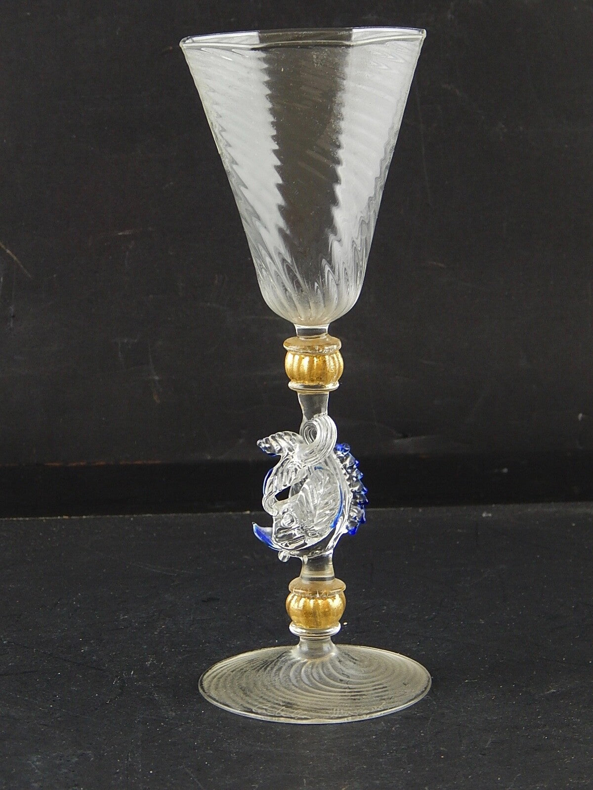 TIPETTO CALICE MURANO VETRO SOFFIATO RIGATO PESCE FIRMATO CORTELLA & BALLARIN